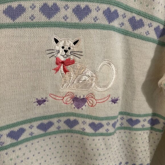 90’s Vintage Village Green Embroidered Cat & Hearts Grandma Knit Crewneck Sweate - Picture 4 of 8